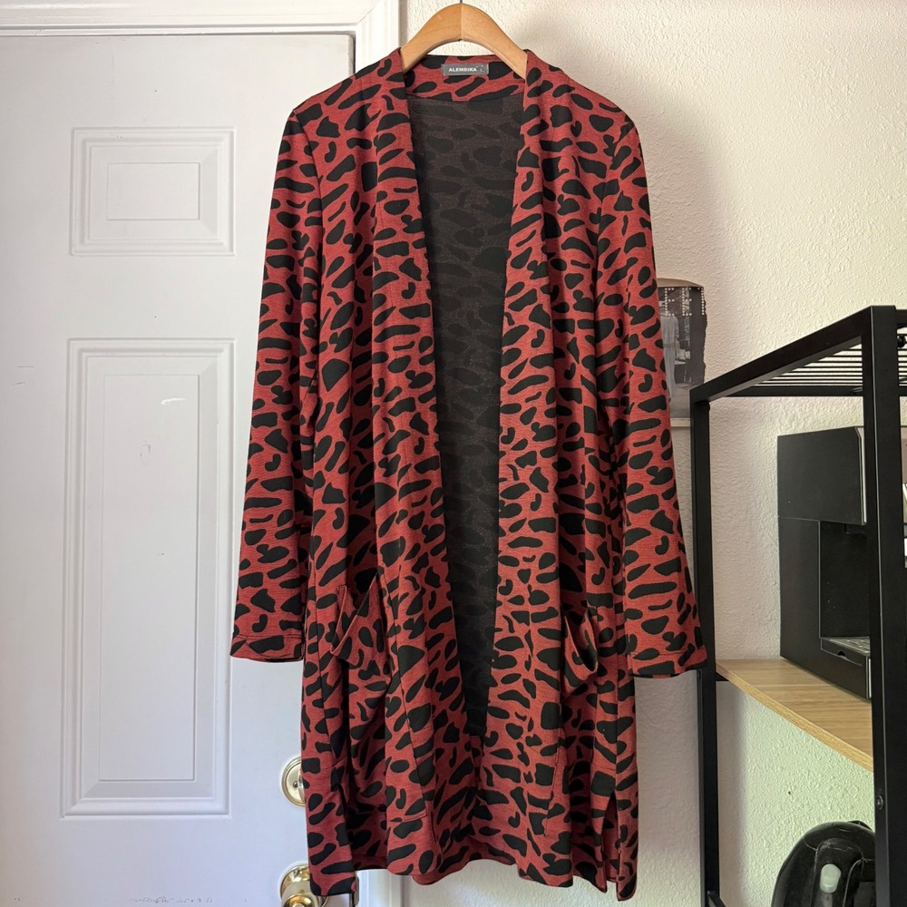 ALEMBIKA red black leopard cheetah animal long buttonless cardigan sweater